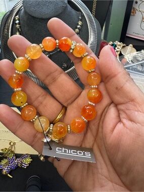 Chico's Orange and Yellow Agate Beaded Stretch Bracelet with Gold Accents